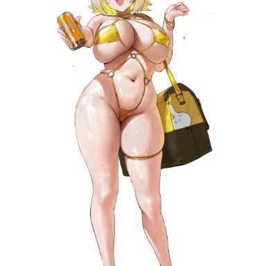 goddess of victory: nikke, elegg (nikke), chochomi, 1girls, ahoge, bag, belly, belly button, big breasts, bikini, blonde, blonde hair, bracelet, breasts, busty