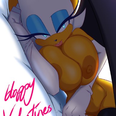 holidays, sega, sonic the hedgehog (series), valentine's day, rouge the bat, themilkman, anthro, areola, armwear, bath, bed, big breasts, black nose, blue eyes, breast squish