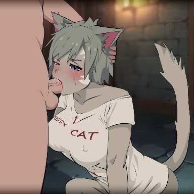 evrio, 1girls, big breasts, blowjob, bouncing breasts, cat ears, catgirl, fellatio, gray hair, grey skin, paizuri, paizuri under clothes, penis, straight, vaginal penetration