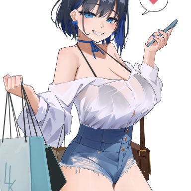 hololive, hololive english, hololive english -council-, hololive english -promise-, ouro kronii, archinoer, 1girls, bikini, blue eyes, blue hair, booty shorts, breasts, casual clothes, female, halo