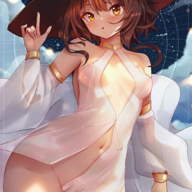 megumin, bicio, bare shoulders, black hair, breasts, cameltoe, cleavage cutout, cleft of venus, clothing cutout, covered erect nipples, detached sleeves, dress, female, hand up, hat