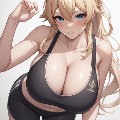 genshin impact, jean gunnhildr, 1girls, alternate breast size, blonde hair, blue eyes, booty shorts, breasts, cleavage, female, huge breasts, light skin, light-skinned female, long hair, ponytail