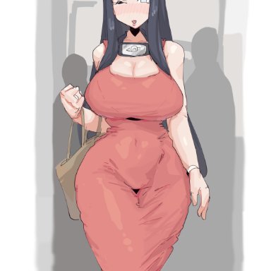 naruto, naruto (series), hyuuga hinata, leebongchun, 1girls, bag, bangs, blush, blush lines, blushing, bracelet, breasts, brown bag, curvaceous, curvy