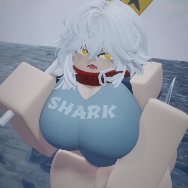 roblox, robloxian, mikocure, 1girls, big ass, big breasts, blush, looking at viewer, ocean, orange eyes, red collar, shark girl, shark tail, shark teeth, sign