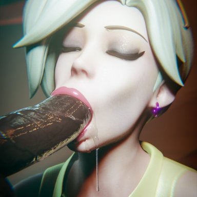 overwatch, overwatch 2, mercy, syna, 1boy1girl, blonde female, blonde hair, blowjob, blowjob face, dark-skinned male, earring, eyes closed, no hand blowjob, oral, saliva drip