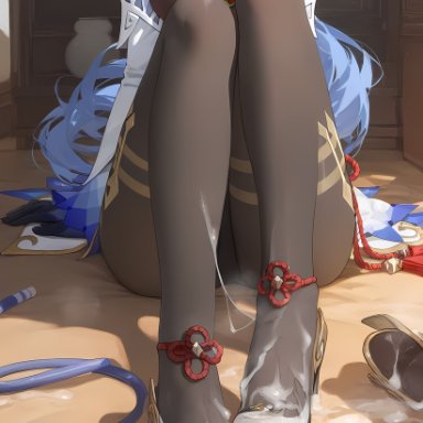 genshin impact, ganyu (genshin impact), big breasts, blue hair, cum, cum on feet, shoes, solo female, stockings