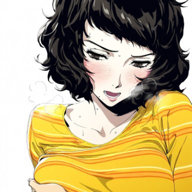 persona, persona 5, sadayo kawakami, big breasts, black hair, blush, bob cut, breast grab, breast squeeze, breast squish, brown eyes, choku to-san no kyony&#363;, embarrassed, embarrassed female, fluffy hair