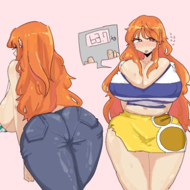 one piece, nami, nami (one piece), leebongchun, 1girls, ass, ass focus, bikini, bikini top, blush, blush lines, blushing, breasts, cleavage, earrings