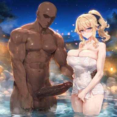 genshin impact, jean gunnhildr, 1boy, 1boy1girl, 1girls, big breasts, big penis, blonde hair, blue eyes, blush, breasts, clothed female, clothed female nude male, dark-skinned male, female