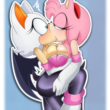 sonic (series), amy rose, rouge the bat, lluanhyperzero, 2girls, anthro, bat, breast press, breasts, female only, female/female, gloves, hedgehog, interspecies, kissing