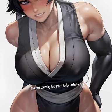 bleach, soifon, daulawkins, 1girls, big breasts, black hair, blue eyes, cleavage, elbow gloves, hand on hip, heavy breathing, japanese clothes, large breasts, leaning forward, looking at viewer