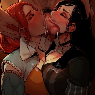 the witcher (series), geralt of rivia, triss merigold, cherry-gig, 1boy, 2girls, black hair, blush, breasts, choker, cleavage, clothed female nude male, completely nude, cooperative fellatio, cum