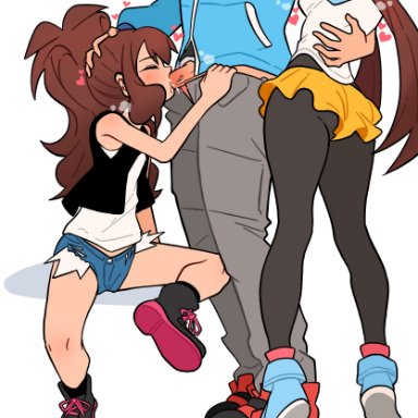 pokemon, pokemon bw, pokemon bw2, hilbert (pokemon), hilda (pokemon), pokemon trainer, rosa (pokemon), pocha, 1boy, 1boy2girls, 2girls, blowjob, fellatio, female, female/male/female