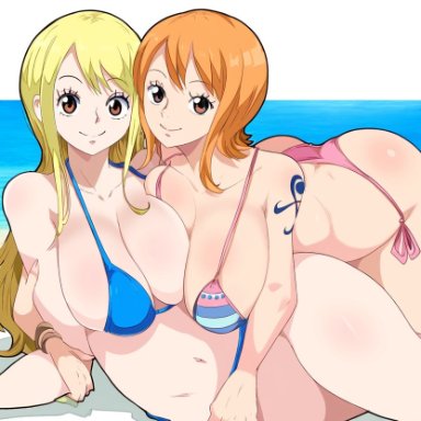 fairy tail, one piece, lucy heartfilia, nami, nami (one piece), artist request, 2girls, ass, beach, bikini, blonde hair, breasts, female, female only, large breasts