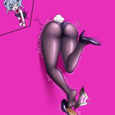 rabbit hole (vocaloid), vocaloid, hatsune miku, heykerart, adjusting clothes, ass, ass focus, back, blue hair, female, glory hole, glory wall, huge ass, leaning forward, leotard