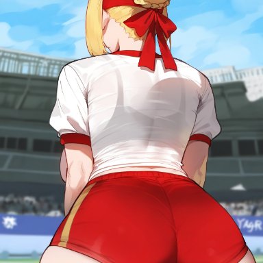 fate (series), fate/grand order, nero claudius (fate), floox, 1girls, ass, blonde hair, bloomers, booty shorts, breasts, dat ass, female, green eyes, gym clothes, hips