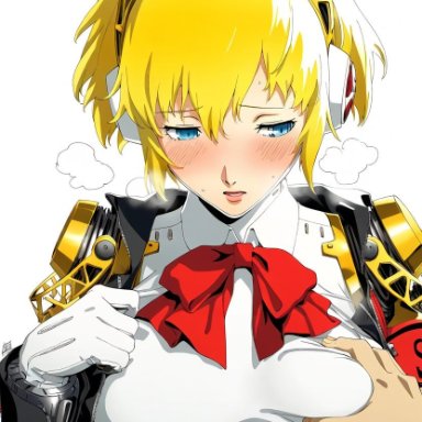 persona, persona 3, aegis (persona), aigis (persona), makoto yuki, artist request, 1boy1girl, 1girl1boy, aroused, blonde hair, blue eyes, breast squeeze, breast squish, breasts, choku to-san no kyony&#363;