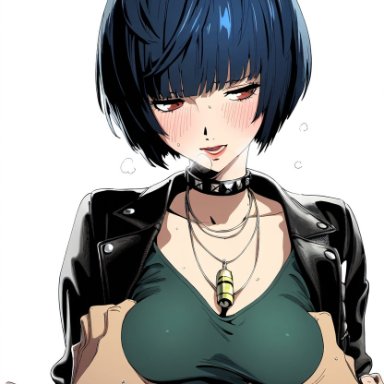 persona, persona 5, tae takemi, big breasts, black hair, blue hair, blush, bob cut, breast grab, breast squeeze, breast squish, choker, choku to-san no kyony&#363;, embarrassed, embarrassed female