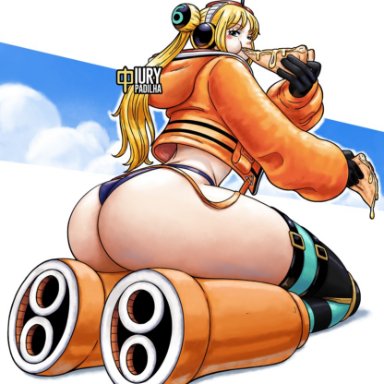 one piece, vegapunk york, iury padilha, ass, big ass, black gloves, blonde hair, dat ass, eating, female, female only, looking at viewer, looking back, orange clothing, purple panties