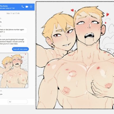 original, original characters, cheesecrumbles, 2boys, after sex, bite mark, bite mark on nipple, bite marks, blonde hair, blush, eyes rolling back, father and son, grabbing breasts, groupchat, heart