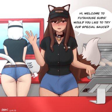 molly (dbagdraws), ruby (dbagdraws), dbagdraws, fluffyearedfox, 2futas, 5 fingers, animal ear fluff, animal ears, animal tail, ass, back of head, balls, bell, bell collar, big ass