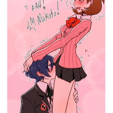 persona, persona 3, persona 3 reload, makoto yuki, yukari takeba, raydeluxxxe, &lt;3, blue eyes, blue hair, blush, blushing, bow, brown eyes, brown hair, clothed