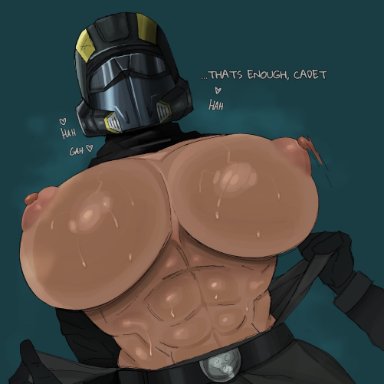 helldivers, helldivers 2, sunzo05, 1girls, abs, big breasts, helmet, nipples, no bra, english text, tagme