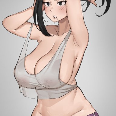 my hero academia, momo yaoyorozu, bobtheneet, big breasts, black hair, cleavage, female, shorts, alternate version available