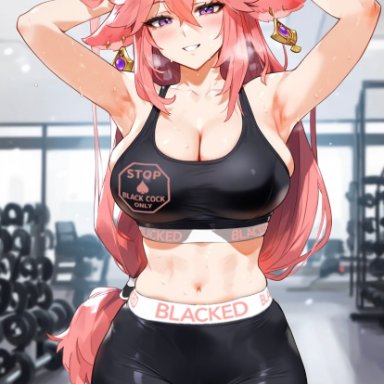 blacked, genshin impact, yae miko, truck kun, 1girls, after workout, animal ears, armpits, arms up, belly, blacked clothing, blush, breasts, gym, hair ornament