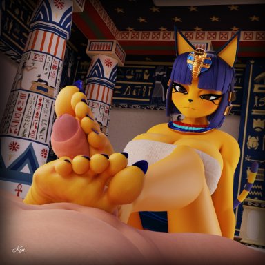 animal crossing, nintendo, ankha (animal crossing), kenaga, 5 toes, annoyed, anthro, barefoot, blue nails, claws, clothed, clothing, colored nails, domestic cat, duo
