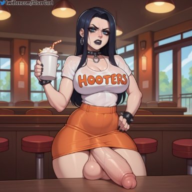 hooters, aiser0, 1futa, breasts, choker, disgusted, earring, futanari, goth, goth girl, hand on hip, holding object, huge cock, indoors, large breasts