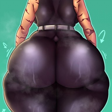 jujutsu kaisen, zenin maki, penpen (artist), 1girl, ass, ass focus, black pants, bubble butt, colored background, female, female only, green hair, large ass, pale skin, pale-skinned female