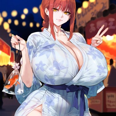 chainsaw man, makima (chainsaw man), lucyla, 1girls, breasts, female, huge breasts, kimono, light skin, light-skinned female, long hair, massive breasts, outdoors, peace sign, red hair