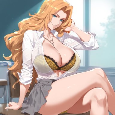bleach, matsumoto rangiku, mikojiai, 1girls, bare legs, bare thighs, big breasts, blue eyes, button down shirt, cleavage, clothed, clothing, female, female focus, female only