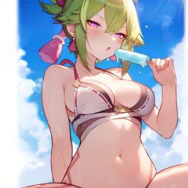 genshin impact, hoyoverse, mihoyo, kuki shinobu, diffirresponsibly, 1girls, bikini, blush, clouds, day, female, female focus, female only, front view, green hair