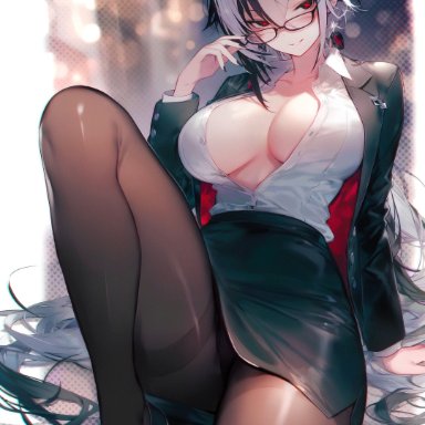 genshin impact, hoyoverse, arlecchino (genshin impact), diffirresponsibly, 1girls, breasts, female, female only, glasses, large breasts, looking at viewer, office clothing, office lady, skirt, solo