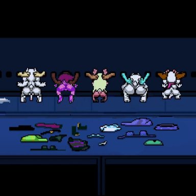 deltarune, undertale, asriel dreemurr, chara, frisk, kris (deltarune), noelle holiday, ralsei, susie (deltarune), toriel, theevilfallenone, 2futas, 3girls, antlers, ass jiggle