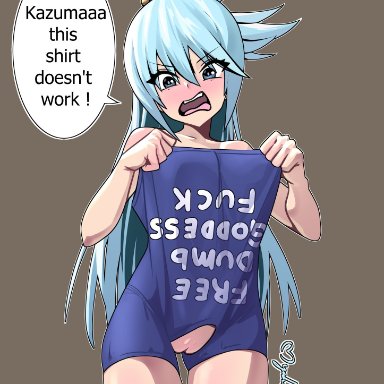 aqua (konosuba), mahomalice, 1girls, blue eyes, blush, female, female only, open mouth, pussy, shirt, solo, solo female, solo focus, text on clothing, thighs