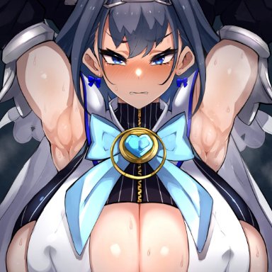 hololive, hololive english, hololive english -council-, hololive english -promise-, ouro kronii, nuezou, 1girls, angry, armpits, arms behind head, arms up, big breasts, blue eyes, blush, cleavage