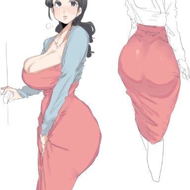 original, original character, leebongchun, 1girls, ass, ass focus, bangs, black eyes, black hair, blue cardigan, blush, blush lines, blushing, breasts, cardigan