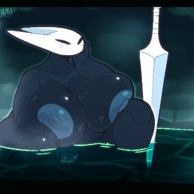 hollow knight, hornet (hollow knight), inkplasm, welwraith, 1girls, bathing, fat, female only, hot spring, large breasts, larger female, nude, solo female