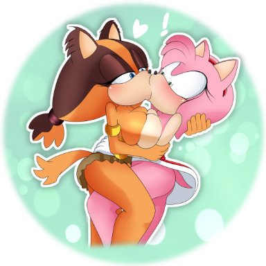 sonic (series), amy rose, sticks the badger, lluanhyperzero, 2girls, anthro, breast press, breasts, breasts pressed together, female/female, kissing, surprise kiss, surprised, symmetrical docking, tail