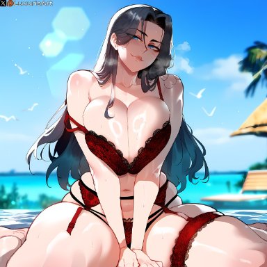 league of legends, riot games, irelia xan, luxuriaart, 1girls, bare arms, bare legs, bare shoulders, bare thighs, big breasts, black hair, blue eyes, blush, bra, clothed