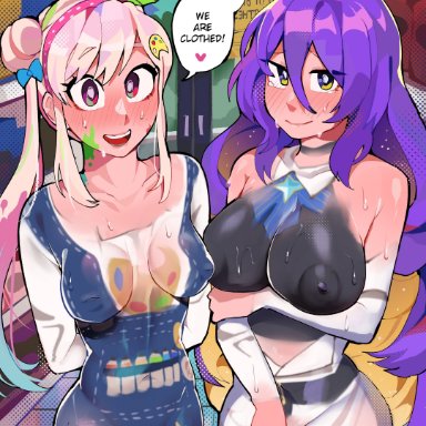 hololive, hololive indonesia, airani iofifteen, moona hoshinova, diforland, 2girls, arm under breasts, arms behind back, blonde hair, blue hair, blush, bodypaint, bow, bow hairband, breasts
