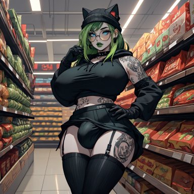 shennru, futanari, goth, grocery store, panty bulge, ai generated, tagme