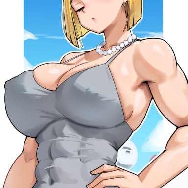 dragon ball z, android 18, cromwellb, 1girls, blonde hair, blue eyes, breasts, cleavage, clothing, female, female only, large breasts, looking at viewer, one eye closed, solo