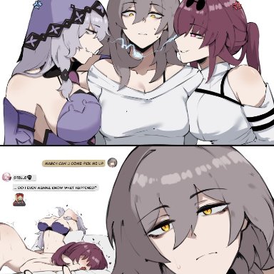 honkai: star rail, black swan (honkai: star rail), kafka (honkai: star rail), stelle (honkai: star rail), masoq095, 3girls, after sex, anger vein, angry, bed, bedroom, bra, bruise, competition, grabbing sheets