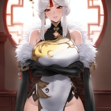 genshin impact, ningguang (genshin impact), creamy ai, large breasts, long hair, red eyes, thick thighs, white hair, ai generated, hi res, patreon username, stable diffusion