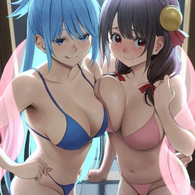 aqua (konosuba), yunyun (konosuba), izawa (bhive003), 2girls, blue eyes, blue hair, breast press, breasts, brown hair, large breasts, long hair, red eyes, ribbons, underwear, tagme