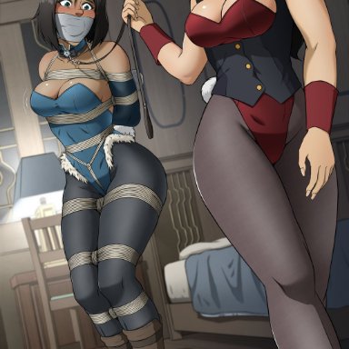 the legend of korra, asami sato, korra, shio-bari, arms tied behind back, ball gag, bdsm collar, blush, bondage, brown skin, bunny ears, bunny girl, bunny tail, bunnysuit, cleavage